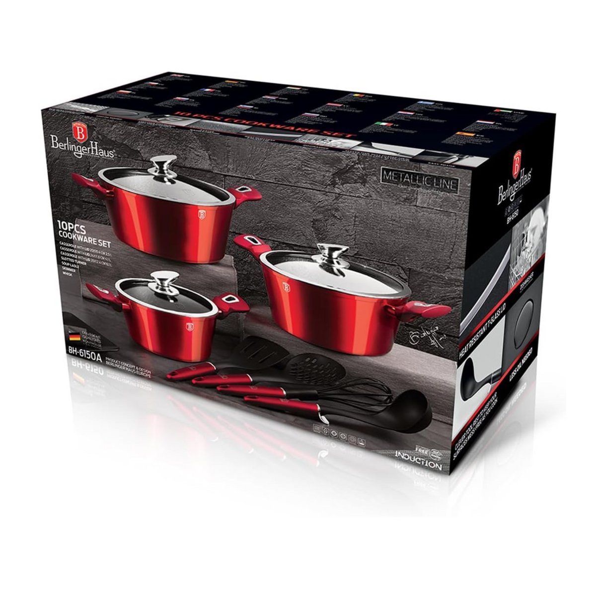 BATERIA DE COCINA 10 PZS METALLIC BURGUBDY EDITION ANTIADHERENTE